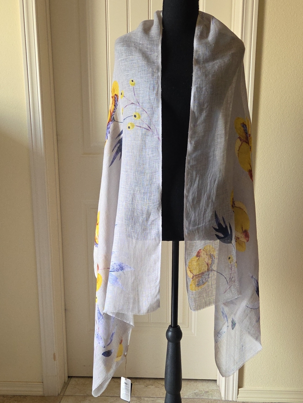 Plume Nova Linen Lightweight Floral Scarf in Grey, Yellow, Purple and Navy, NWT